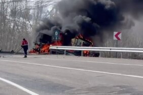 Yoldan çıkıp devrilen tır alev alev yandı