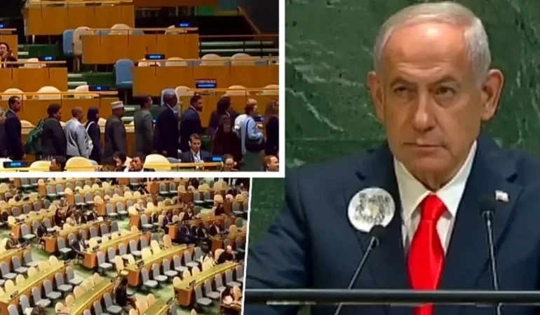 İsrail Başbakanı Netanyahu Kürsüye Geldi Özgür Filistin Sloganlarıyla  BM Salonu Boşaldı