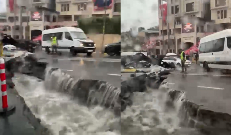 İstanbul'u sağanak vurdu, Eyüpsultan'da yol çöktü
