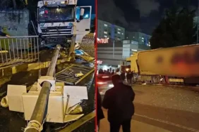 Seyir halindeki TIR, otobüs durağına daldı
